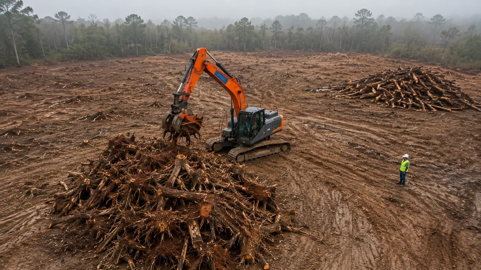Freshly cleared land, stump piles, excavator with grapple, muddy raw earth