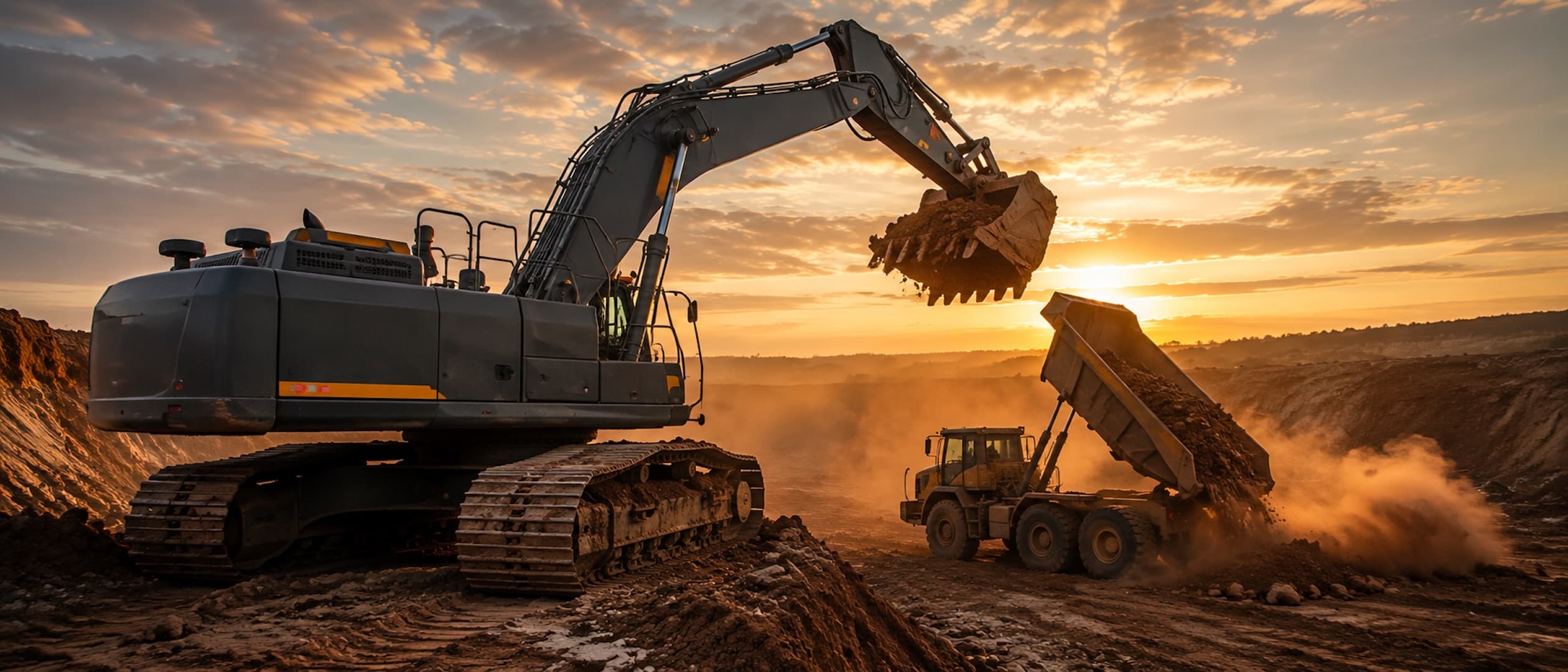 Aerial dawn shot of a 90-ton excavator loading a haul truck on a mass excavation cut