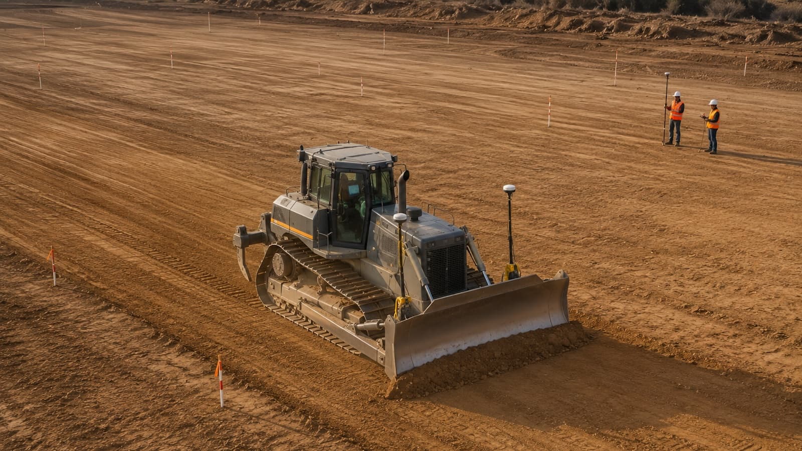 GPS dozer fine-grading smooth brown earth pads, laser-flat surfaces, survey stakes