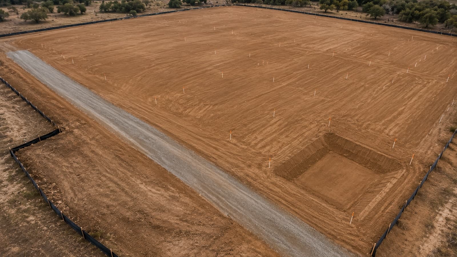 Aerial of a perfectly graded flat commercial building pad, compacted earth, survey stakes