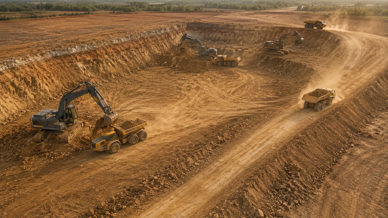 Massive open dirt cut, multiple excavators and articulated haul trucks working, dust