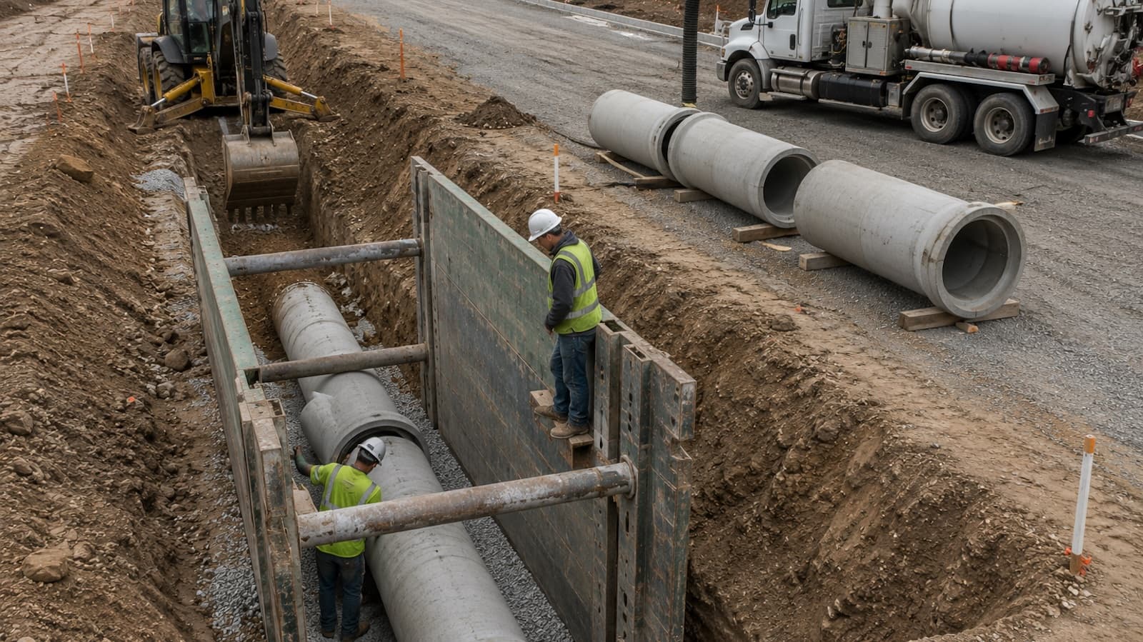 Open utility trench with shoring boxes, pipe strings laid out along graded subdivision road